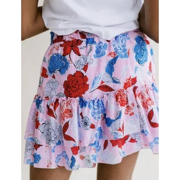 BB Dakota Steve Madden Skirt M Pink Blue Floral Tiered Ruffle First Class Mini - Picture 3 of 11